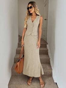 Easowa 夏季新款休闲蓝色背心+长裙两件套女装，适合日常休闲出游，休闲通勤，复古风 - 卡其色 - 查看 5