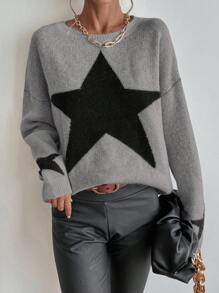 EMERY ROSE Pull oversize à motif étoile color block, tricot automne/hiver - Gris foncé - Voir 5