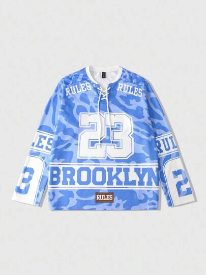 Prep Camiseta de hockey de manga larga con estampado de letras y camuflaje para hombres