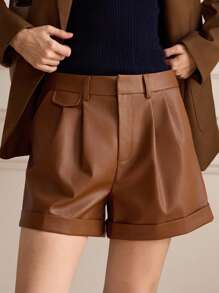 Briarwyn Shorts de mujer minimalistas y casuales de unicolor, de PU con pliegues y bajo enrollado, ropa de otoño, ropa de vuelta al colegio, ropa vintage para mujer, estilo old money para mujer, atuendos de profesora para mujer