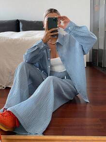 DAZY Women's Plaid Shirt And Pants 2 Pieces Casual Set Lounge Sets For Women - Blue - View 6