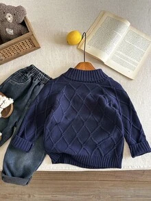 SHEIN 男童休闲日常百搭舒适宽松加厚针织套头毛衣，秋季藏蓝色毛衣，冬季 - 藏蓝色 - 查看 5