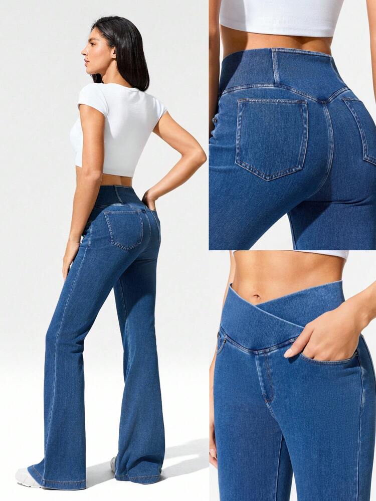 ジーニアス ムーブス 動きやすい ストレッチ通気性のあるヒップアップデニムクロスオーバーウエストフレアレッグポケットジェギンス デイリーカジュアルウェア