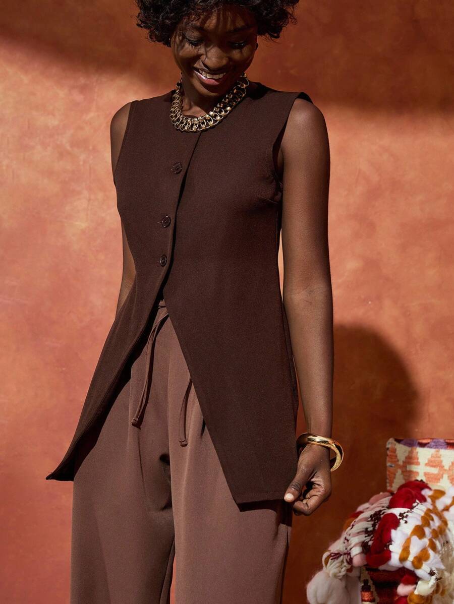 Bóhologie Women's Button Front Elegant Vest Top - Brown - View 1