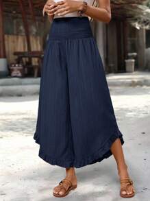 EMERY ROSE Women's Casual Ruffled Hem Long Pants, Summer Wide Leg Summer Pants Ruffle Hem Pants - Navy Blue - View 4