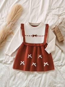 SHEIN Baby Girls' Bowknot Ruffle Hem 2 In 1 Knit Dress/Sweater, Autumn/Winter Brown Baby Girl Dress Vintage Style Fall - Beige - View 1