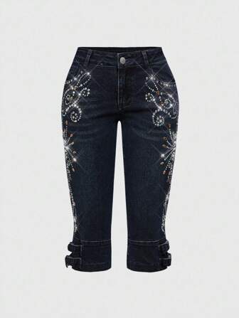 Hippie Women's Punk Retro Luxury Rhinestone Embellished Flare Jeans