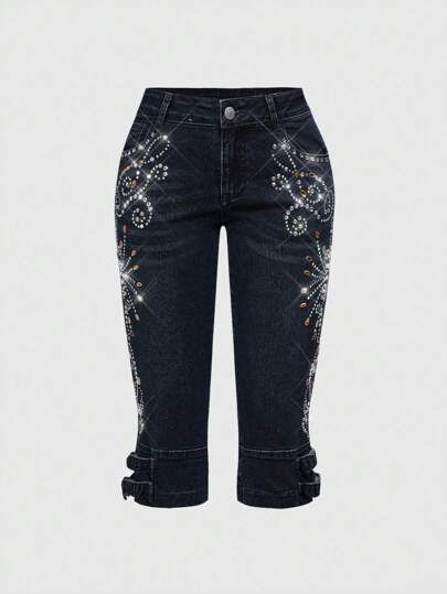 Hippie Women's Punk Retro Luxury Rhinestone Embellished Flare Jeans