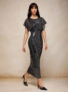 House of One Shiny Black Mesh Dolman Sleeve Cinched Waist Party Midi Dress Women Elegant Dress Old Money Fall Clothes Fall Outfits Business Professional Women Business Casual Woman