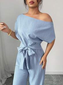 Elenzga Women's Casual Elegant Blue Vertical Striped Dual-Fabric Oblique Collar Shoulder Sleeve Short Sleeve Front Tie Design Long Wide Leg Jumpsuit, Spring/Summer