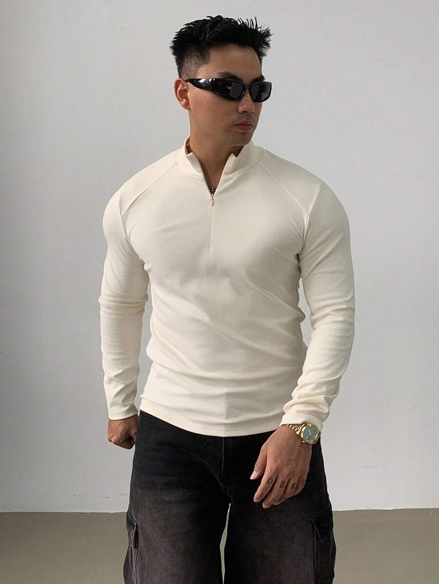 DAZY 男士休闲运动纯色修身T恤，秋季长袖男士衬衫，秋季四分之一拉链男士衬衫 - 白色 - 查看 1