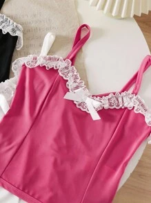 Set de 3 camisetas sin mangas ajustadas con encaje, volantes y lazo, estilo casual para niñas, en colores negro/blanco/rojo rosa, para primavera/verano - Multicolor - Ver 5