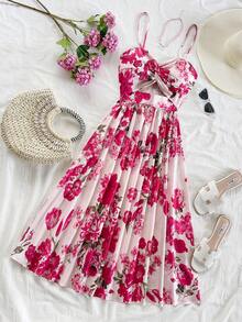 Dreamara Plus Size Women's Summer Vacation Floral Print Twist Front Hollow Back Spaghetti Strap Dress