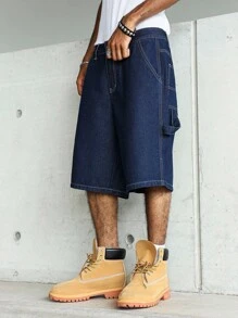 Manfinity Hypemode 男式休闲街头风格多口袋蓝色牛仔工装短裤 - 深色水洗藍 - 查看 8