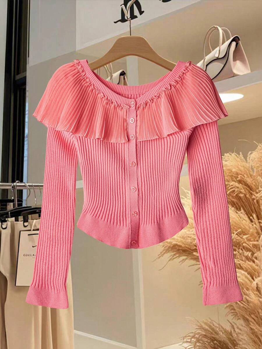 GlowEve CURVE 大码女式拼布荷叶边单排扣针织开衫 - 粉色 - 查看 1