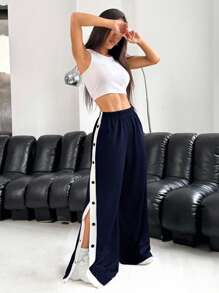 SHEIN EZwear 女式休闲海军蓝撞色侧扣宽松裤 - 藏蓝色 - 查看 3