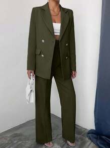 EURMUSE Women's Solid Color Double-Breasted Jacket And Pants Suit Set - Hijau Tentara - View 5