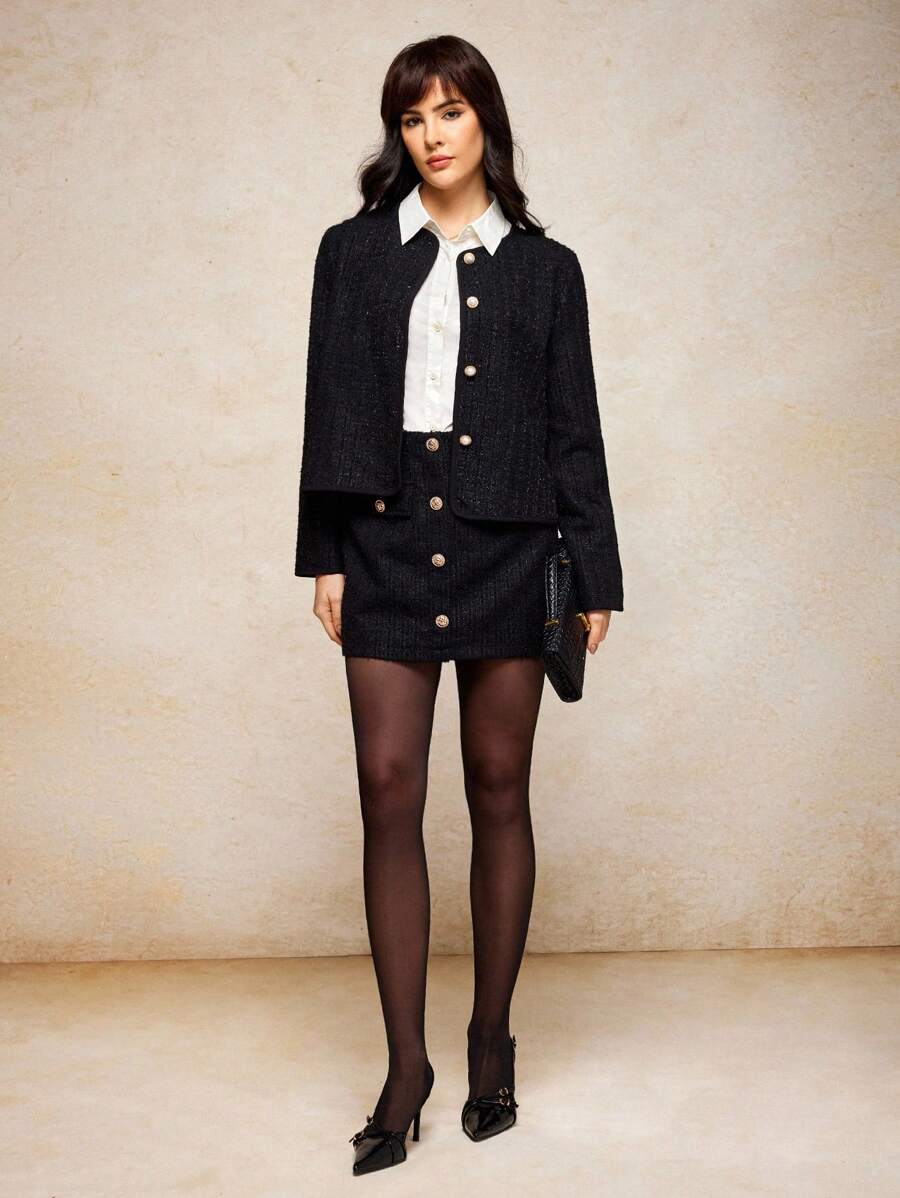 House of One Marled Black Tweed Front Button High-Waist Elegant Mini Skirt Women Casual Party Fall Women Clothes Old Money Fall Outfits Business Professional Women Business Casual Woman - Black - View 1