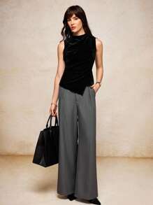 House of One Charcoal Grey Pleated High-Waisted Straight Leg Long Pants Women Casual Office Old Money Fall Clothes Fall Outfits Business Professional Women Business Casual Woman