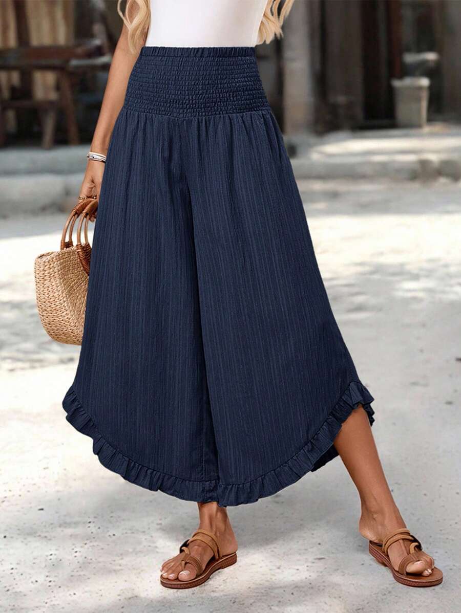 EMERY ROSE Women's Casual Ruffled Hem Long Pants, Summer Wide Leg Summer Pants Ruffle Hem Pants - Navy Blue - View 1