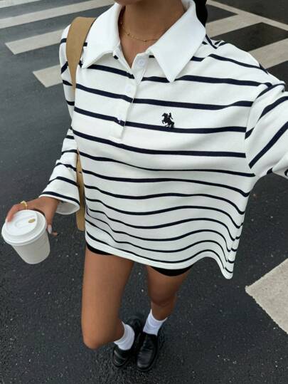 Muchica חולצת טי לנשים עם שרוולים ארוכים וגזרה רפויה, מפוספסת וגזרה יומיומית