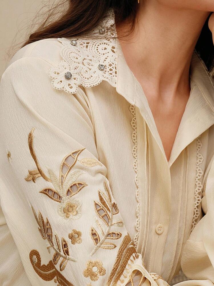 Chemise tissée à manches longues pour femme, de couleur abricot, avec broderie ajourée, élégante pour le travail