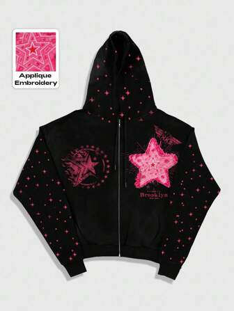 Street Life Men's Hooded Zip-Up Casual Pentagram Graphic Print Sweatshirt Sweatshirt