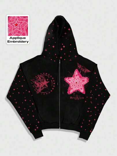 Street Life Sudadera con capucha y cremallera casual para hombre con estampado gráfico de pentagrama, otoño e invierno