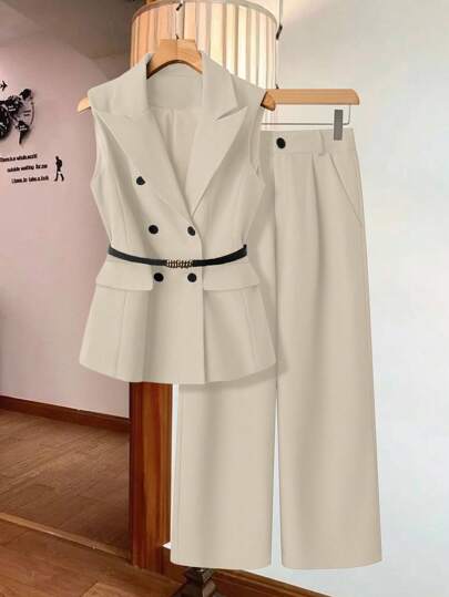 SHEIN Clasi Women's Elegant Belted Sleeveless Double-Breasted Top And Pocketed Wide Leg Pants 2 Pieces Set