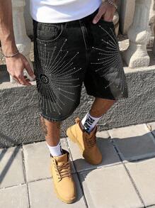 ROMWE MEN Street Life 男士休闲菱形装饰口袋牛仔短裤 - 黑色 - 查看 2