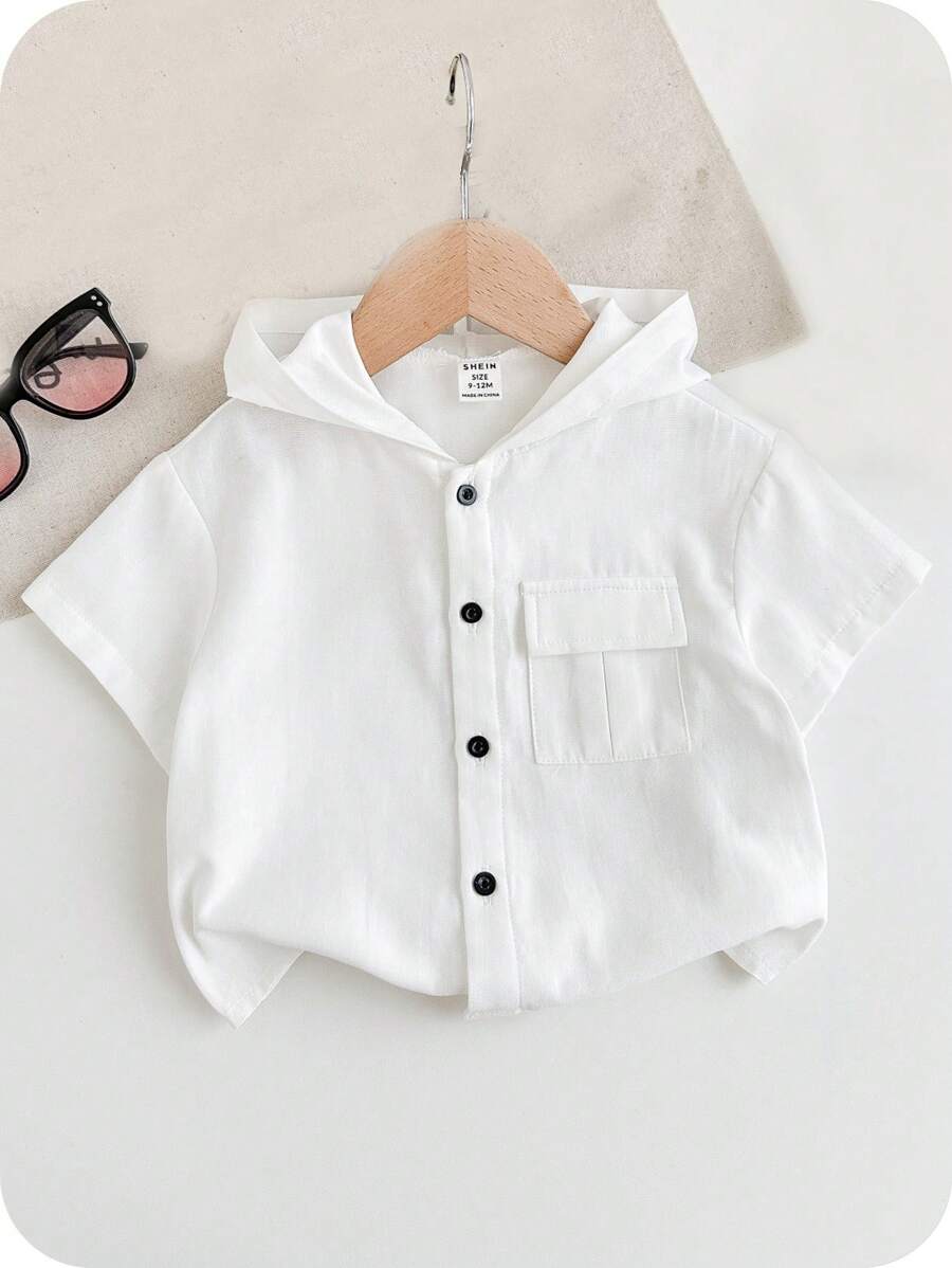 SHEIN Áo thun tay ngắn trùm đầu màu trắng thoải mái hàng ngày, áo dệt đa năng thích hợp mặc trong nhà, ngoài trời, hàng ngày, thể thao, vui chơi, tiệc tùng, chụp ảnh, nghỉ mát, lễ hội, cho bé trai và bé gái, mùa xuân/hè - trắng - Xem 1