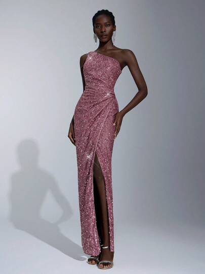 Elitara Elegant And Gorgeous Lotus Root Pink Asymmetrical Neck Heavy Duty Luxury Whole Fine Sequins Side Ruffles Modified Cinched Waist High Slit Wrap Design Graduation Season Wedding Quarter Fake Heavy Duty Cocktail Evening Gowns Prom Semi Formal Wedding Guest Dress, For Birthday, Homecoming Party Dress, For Valentine's Day