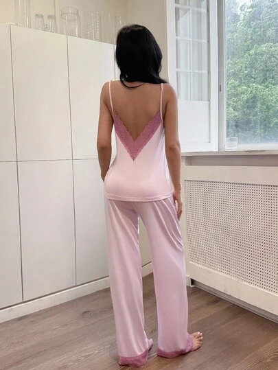 Miss Vinta Pink Knitted Sleeveless Pajama Set With Spaghetti Straps And Lace Detailing Cami Pajama Set Silk Pajama Set Pink Pajama Set Pink Silk Pajamas Set Pink Lounge Set