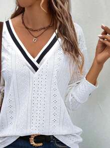 EMERY ROSE Camiseta holgada de mujer de manga larga con cuello en V, de moda casual y versátil - Blanco - Ver 5