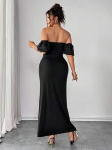 Elenzga Plus Size Women Elegant Solid Color Strapless Fitted Slit Casual Party Dress - Black - View 2