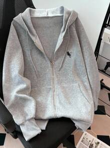 INAWLY New Style Horse Embroidery Hooded Casual Solid Color Zip-Up Jacket For Plus Size Women Fall Winter Cloth For Women Autumn