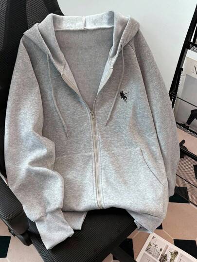 INAWLY New Style Horse Embroidery Hooded Casual Solid Color Zip-Up Jacket For Plus Size Women Fall Winter Cloth For Women Autumn