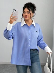 Elenzga Blouse à manches longues rayée avec broderie et couleur contrastée, style décontracté, grande taille, pour femmes, printemps/automne - Bleu et Blanc - Voir 5