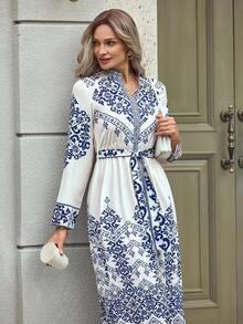 EMERY ROSE Đầm dài tay bó eo cho nữ - Xanh và trắng - Xem 4