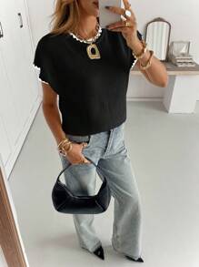 Siren Gaze Áo len dệt kim viền màu tương phản thường ngày dành cho nữ - màu đen - Xem 7