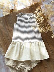 SHEIN Young Girl Loose Casual Minimalist Comfortable Round Neck Striped Sleeveless Patchwork Ruffle Hem Dress, Striped Camisole Dress, Suitable For School, Home, Outdoor Sports, Beige Dress, Striped Dress, Vacation Dress, Matching Mother And Daughter School Girls Clothes  Toddler Girl Fall Clothes