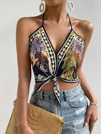 Breezaya Floral Print Tie Front Halter Top Graphic Tees Women Tops Scarf Top Mardi Gras Crop Top Halter Tops For Women Tropical Top