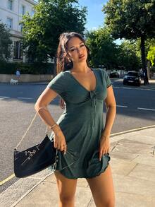 NegzBox Lettuce Trim Drawstring Knot Front Summer Women Outfit Black Dress,Summer Dresses For Women - Dark Green - View 4
