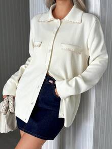 EURMUSE Cardigan de malha com bolso falso e gola polo feminino - Creme - Ver 2