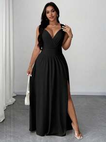 Maweii 女式加大码优雅法式 V 领蕾丝花边荷叶边腰部无袖开衩 A 字卡其色连衣裙，适合日常、派对、婚礼、春夏季 - 黑色 - 查看 1