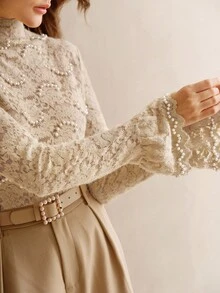Anewsta 女士优雅珍珠蕾丝高领喇叭袖上衣，秋冬 - 卡其色 - 查看 1