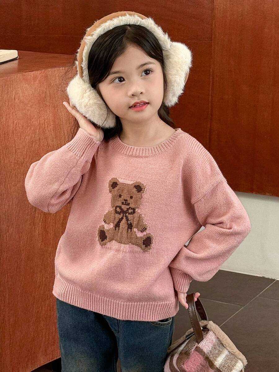 SHEIN Little Byeori Suéter de cuello redondo con estampado de oso para niña, top casual escolar, suéter de punto lindo con gráfico de oso para invierno