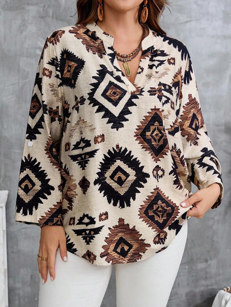 Plus Size Women Geometric Pattern V-Neck Long Sleeve Loose Blouse, Fall Women Clothes, Fall Tops, Women's Fall Clothes, Fall Tops Women,Fall Clothes For Women,Spring/Summer/Vacation