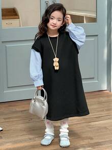 DAZY Vestido curto de manga comprida com decote redondo e contraste de cores para meninas (pequeno)