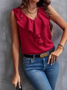 SHEIN Clasi Women's Casual Solid Color Ruffle Sleeveless Blouse, Summer - Red - View 3